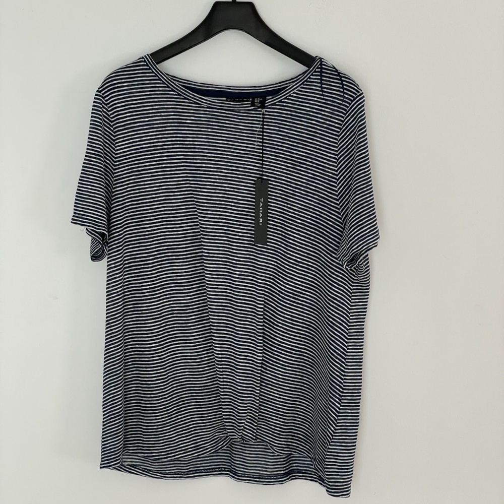 Tahari Navy and White Striped Short Sleeve Top